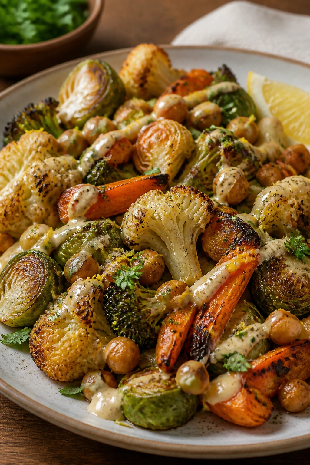 Plate of bronzed roasted vegetables with lemon-tahini drizzle