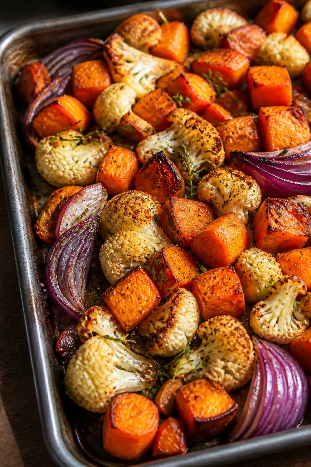 Varied roasted vegetables on a sheet pan ready to be turned into meals