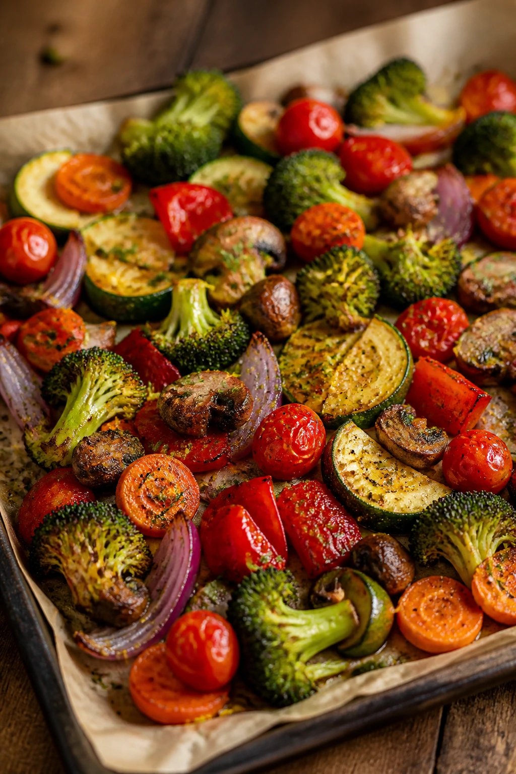 Close-up of a colorful roasted vegetable medley with browned edges