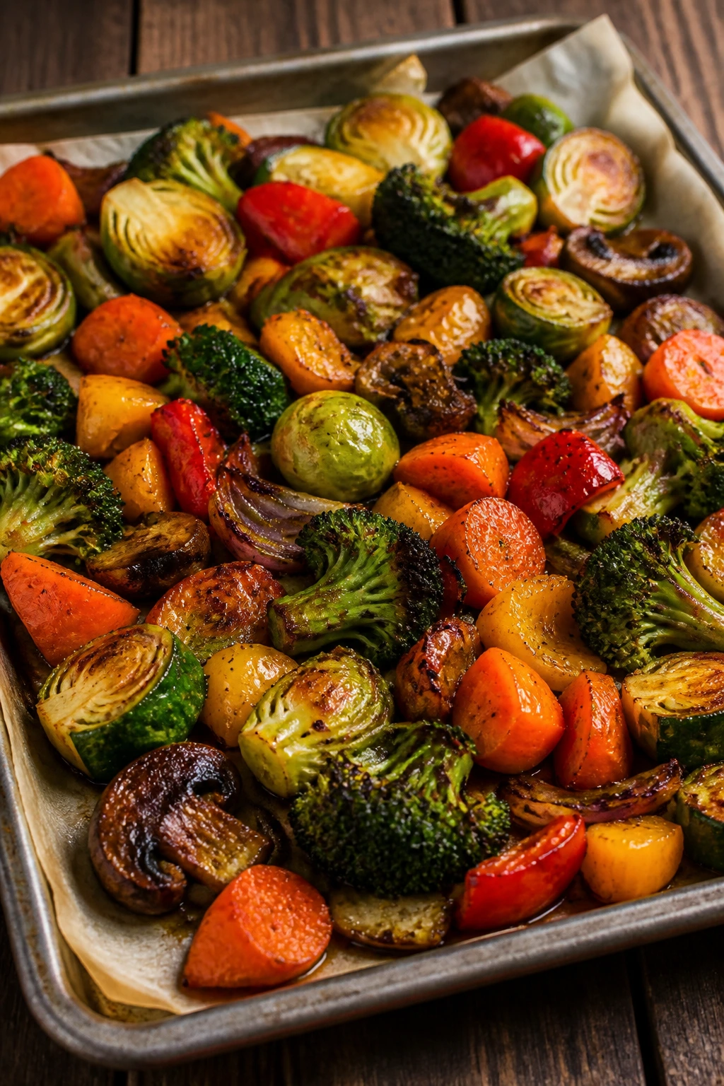 Vibrant roasted vegetable medley on a baking sheet