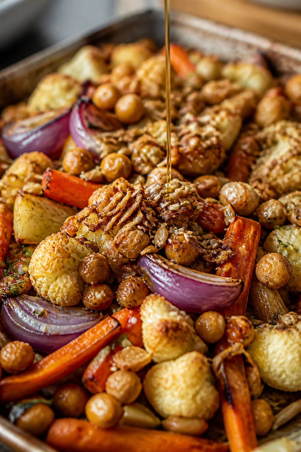 Roasted vegetables with olive oil drizzle and crunchy toppings