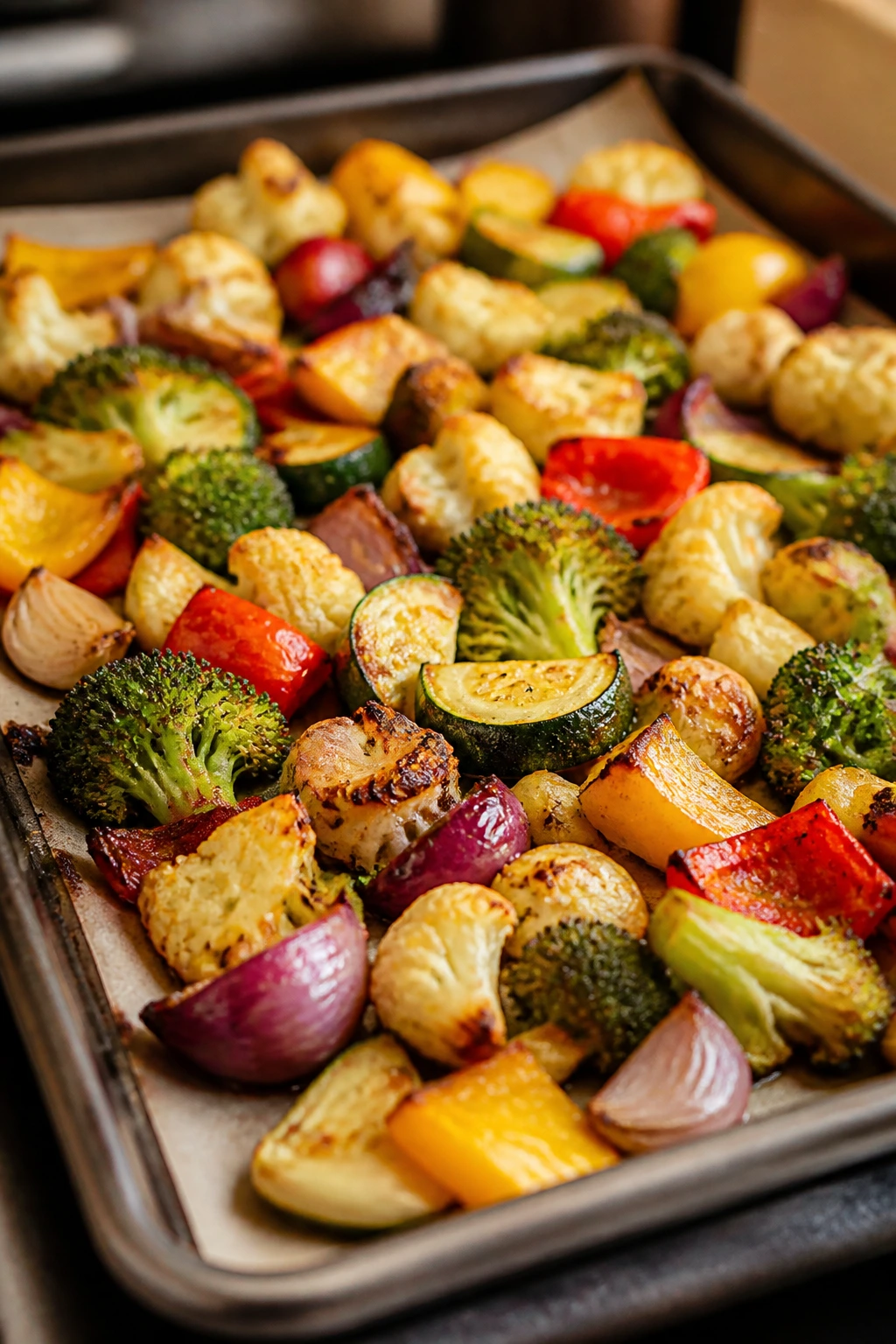 Sheet pan with roasted vegetables filling the frame