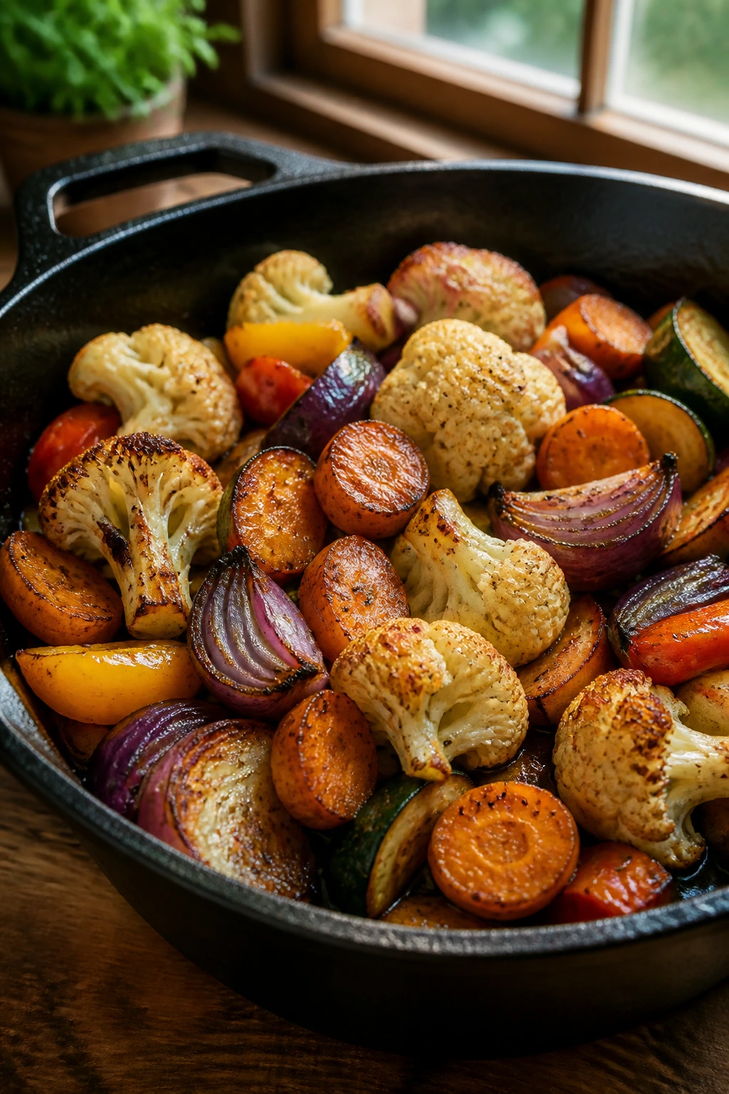 Close-up of a cast-iron roasting pan with browned vegetables filling most of the frame