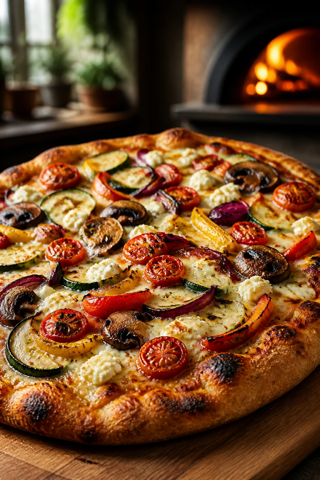 Close-up of Roasted Vegetable Supreme Pizza with blistered crust and colorful roasted vegetables