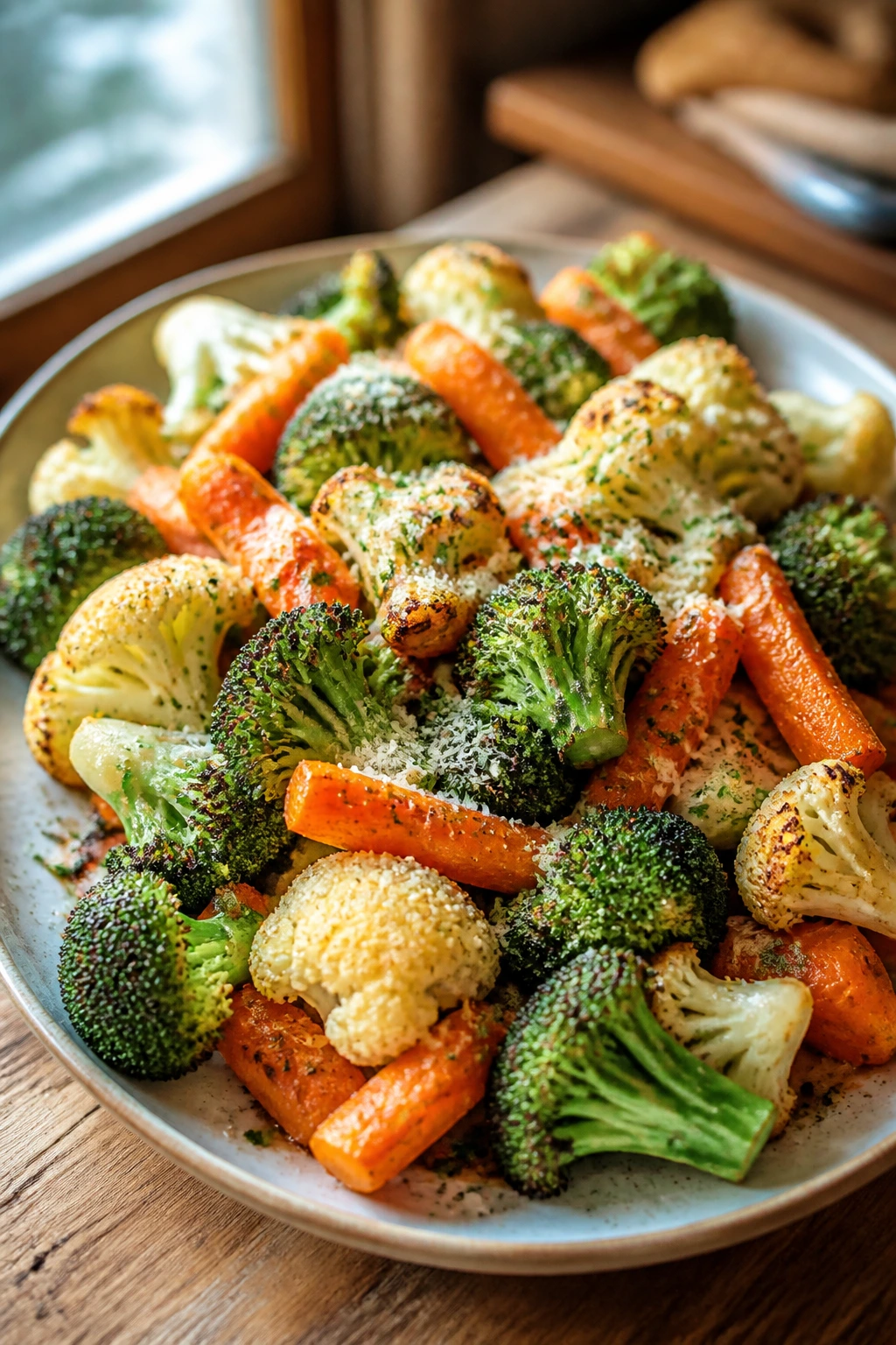 Vibrant plated roasted vegetables on a white plate