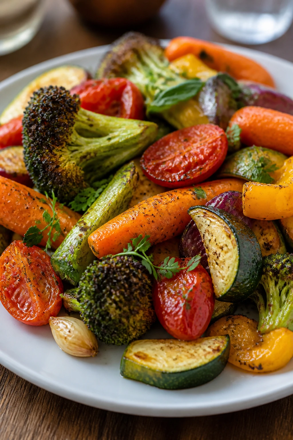 Finished plate of roasted vegetables with herbs on a dish