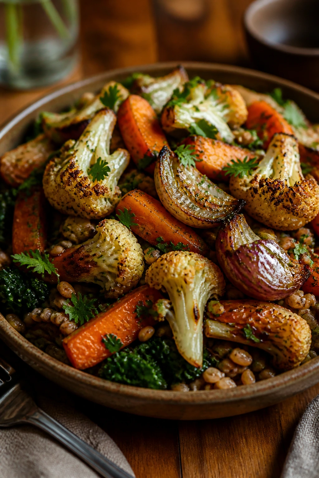 Roasted vegetables plated on a warm dish beneath grains at table