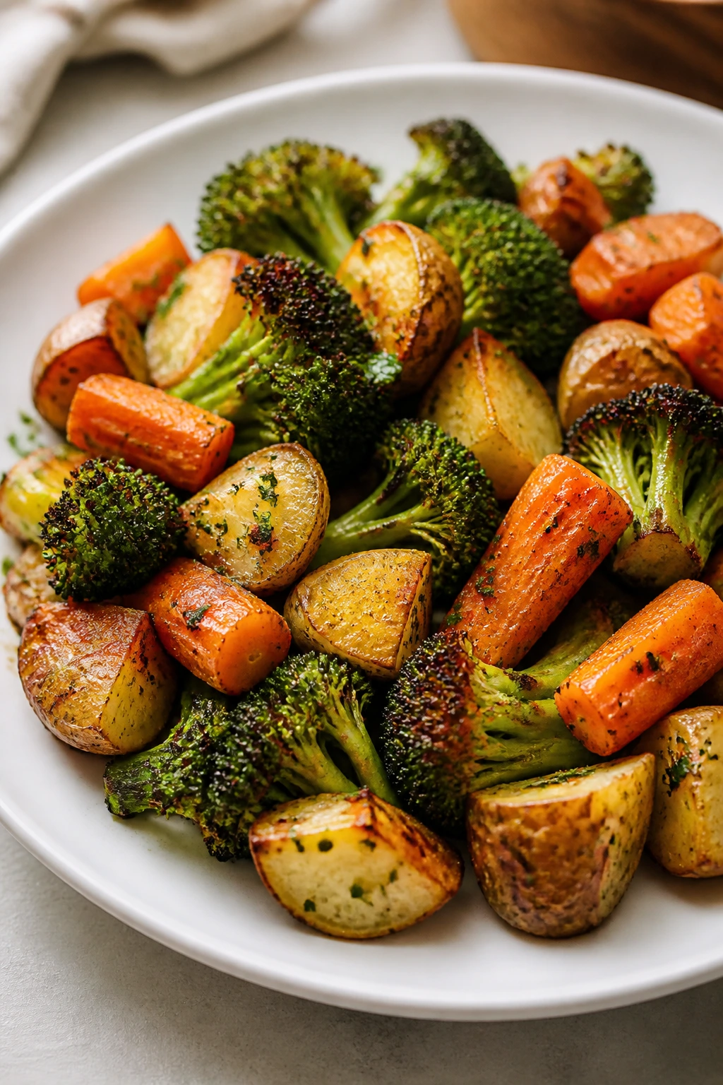 Plate of roasted vegetables showcasing browning and texture