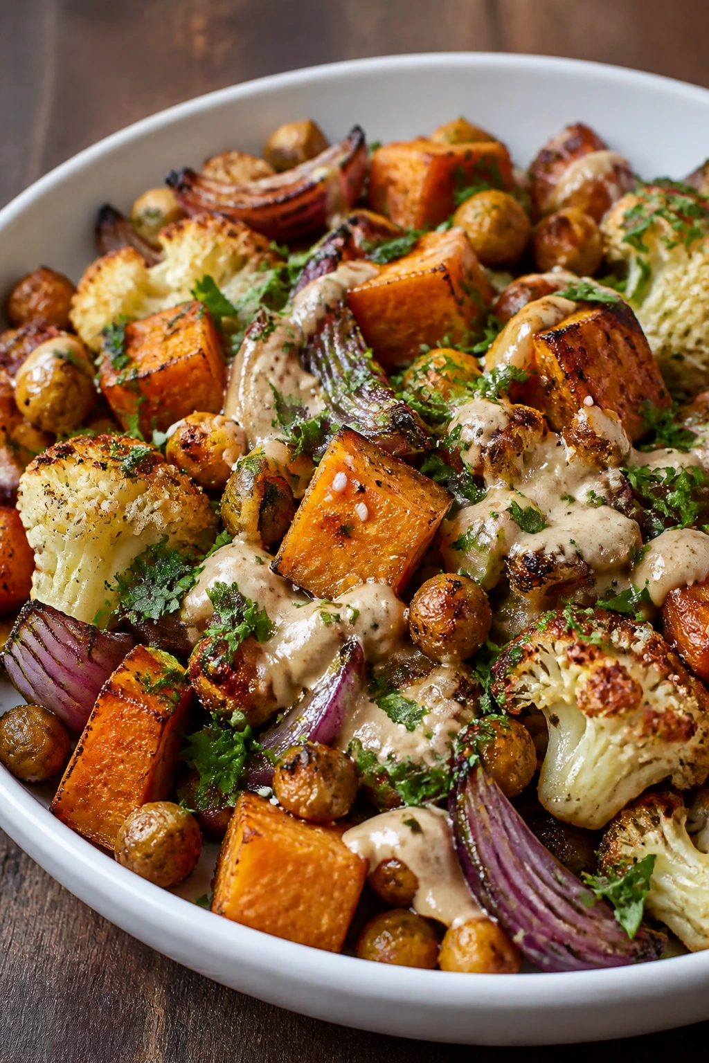 Close-up of roasted vegetables plated with tahini on a wooden table