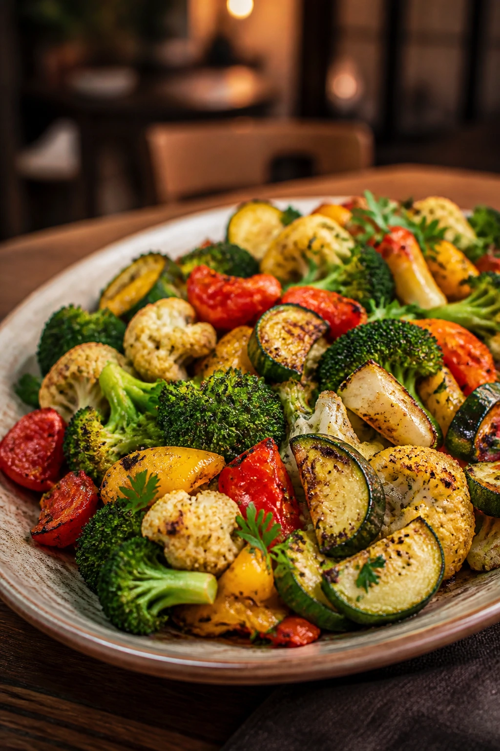 Warm platter of roasted vegetables arranged with parsley garnish