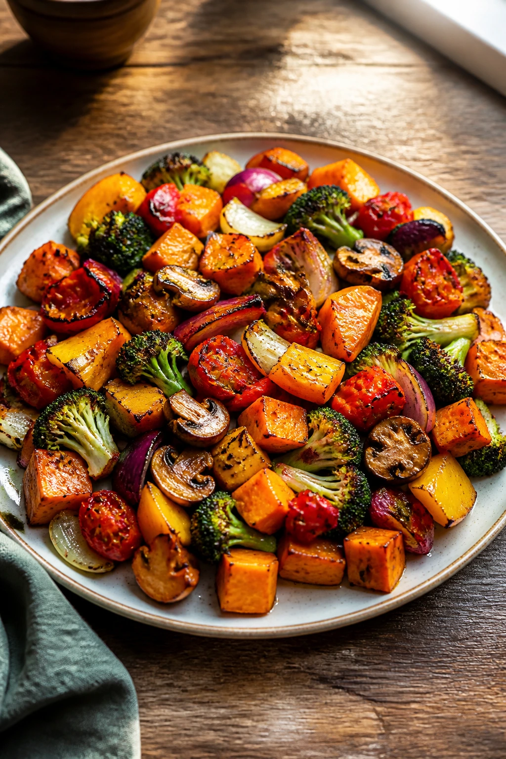 Colorful roasted vegetables on a large platter ready to serve.
