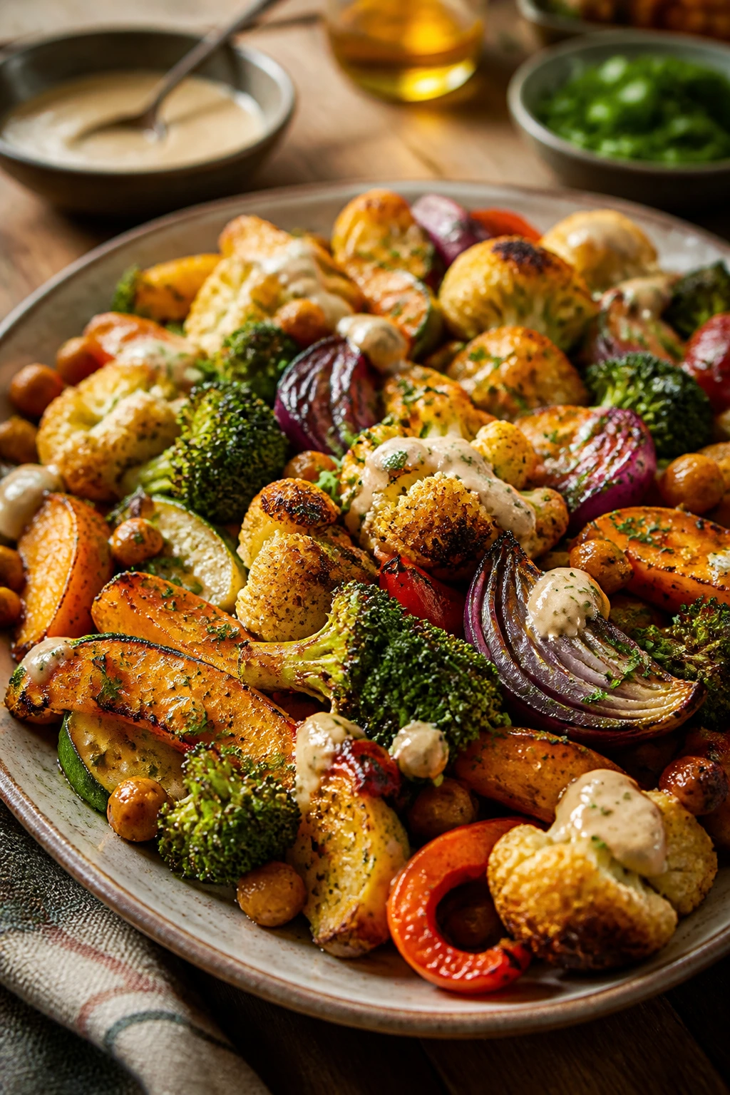 Warm platter of roasted vegetables piled high, ready for dinner