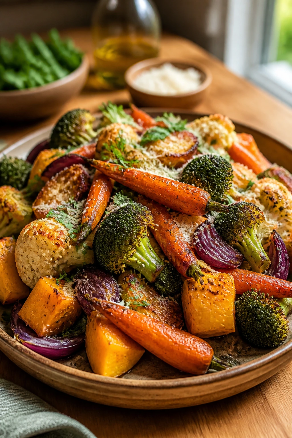 Colorful roasted vegetables piled on a warm platter in a cozy kitchen