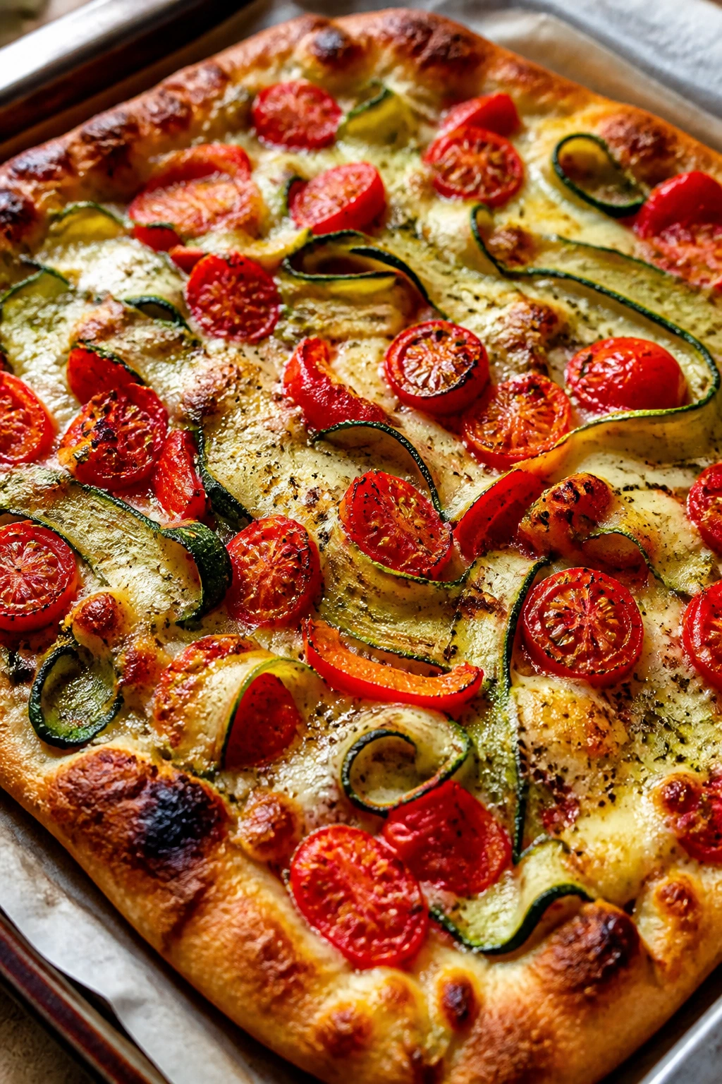 Close-up of colorful roasted vegetable primavera pizza with zucchini peppers and tomatoes