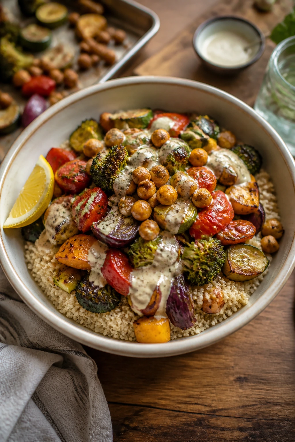 Finished quinoa bowl with roasted vegetables and chickpeas