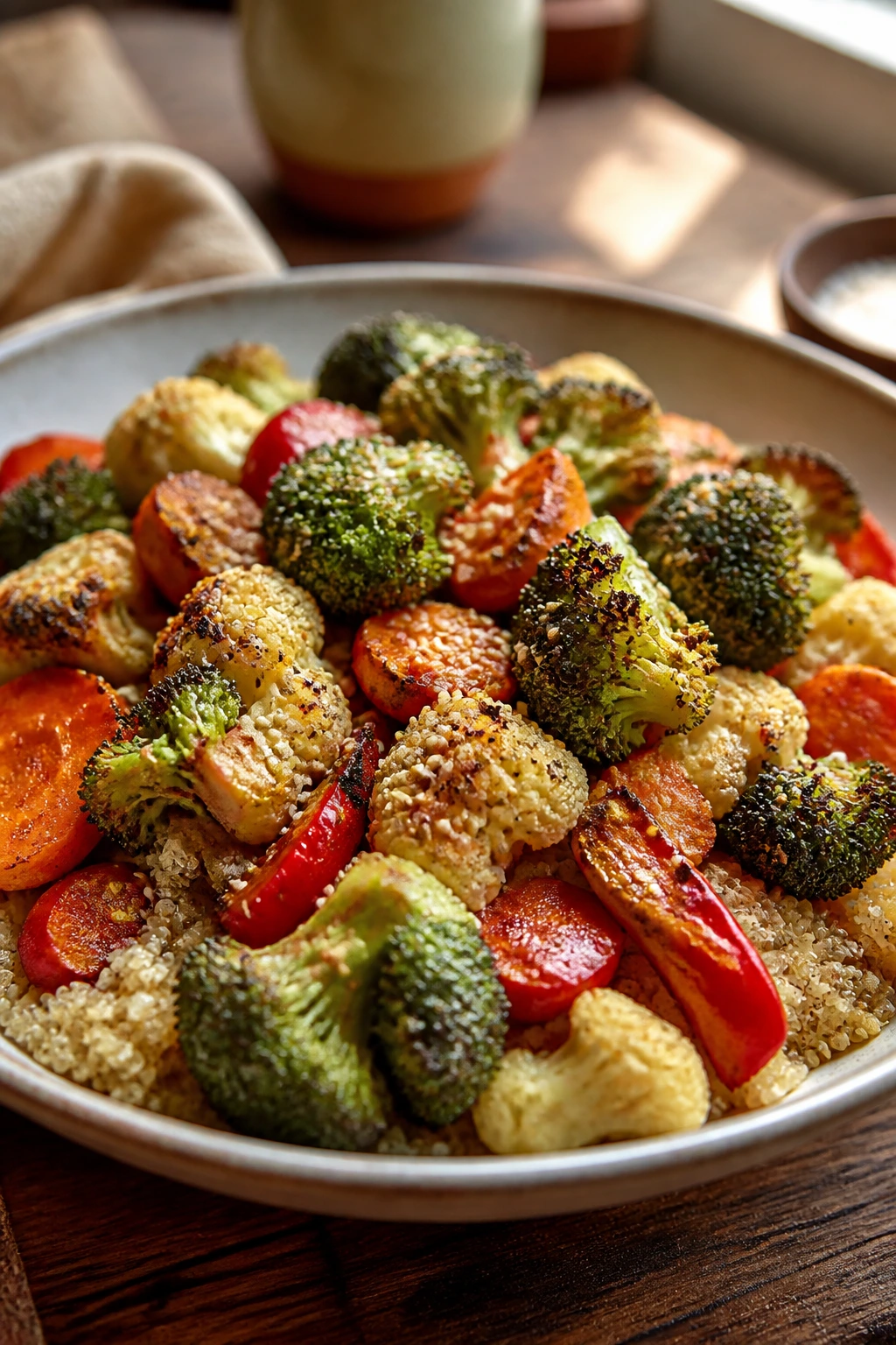 Roasted vegetables plated over quinoa in a shallow bowl, ready to serve
