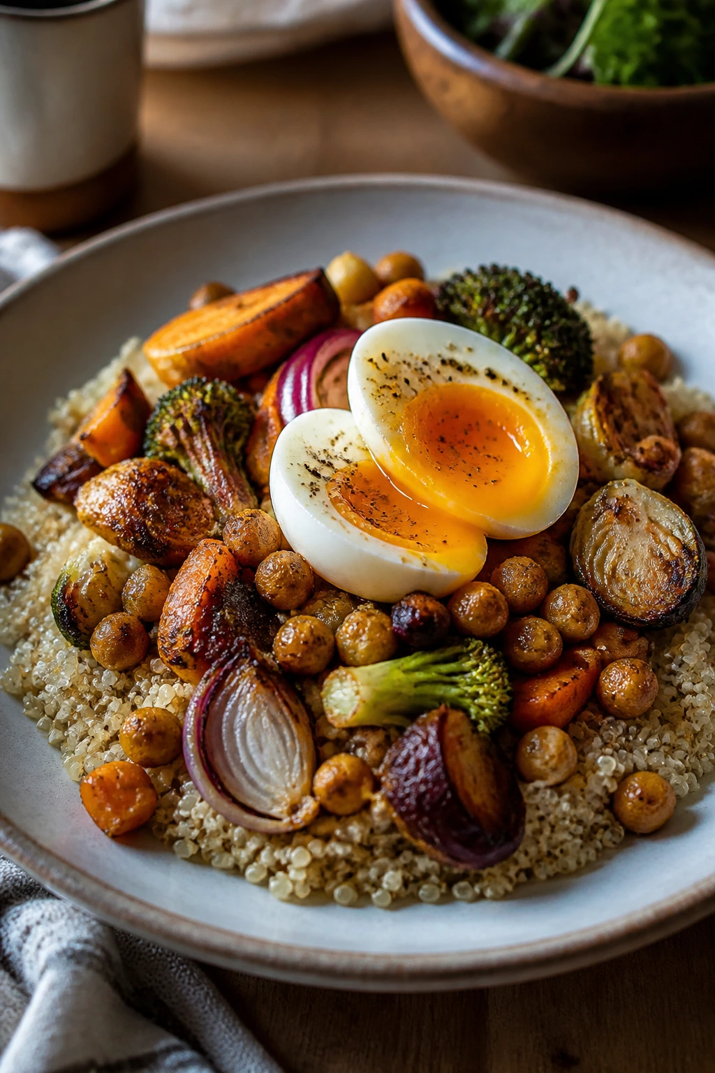 Plate with roasted vegetables, quinoa, and a jammy egg