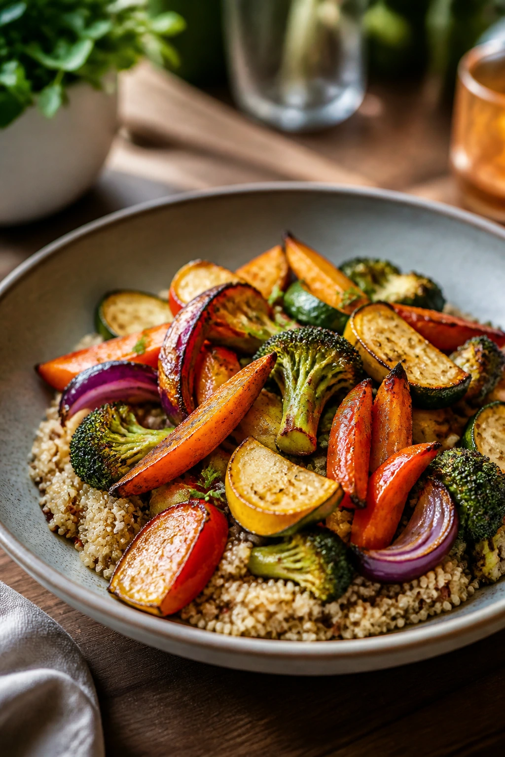 Roasted vegetables plated over quinoa in a shallow bowl for a dinner portion.