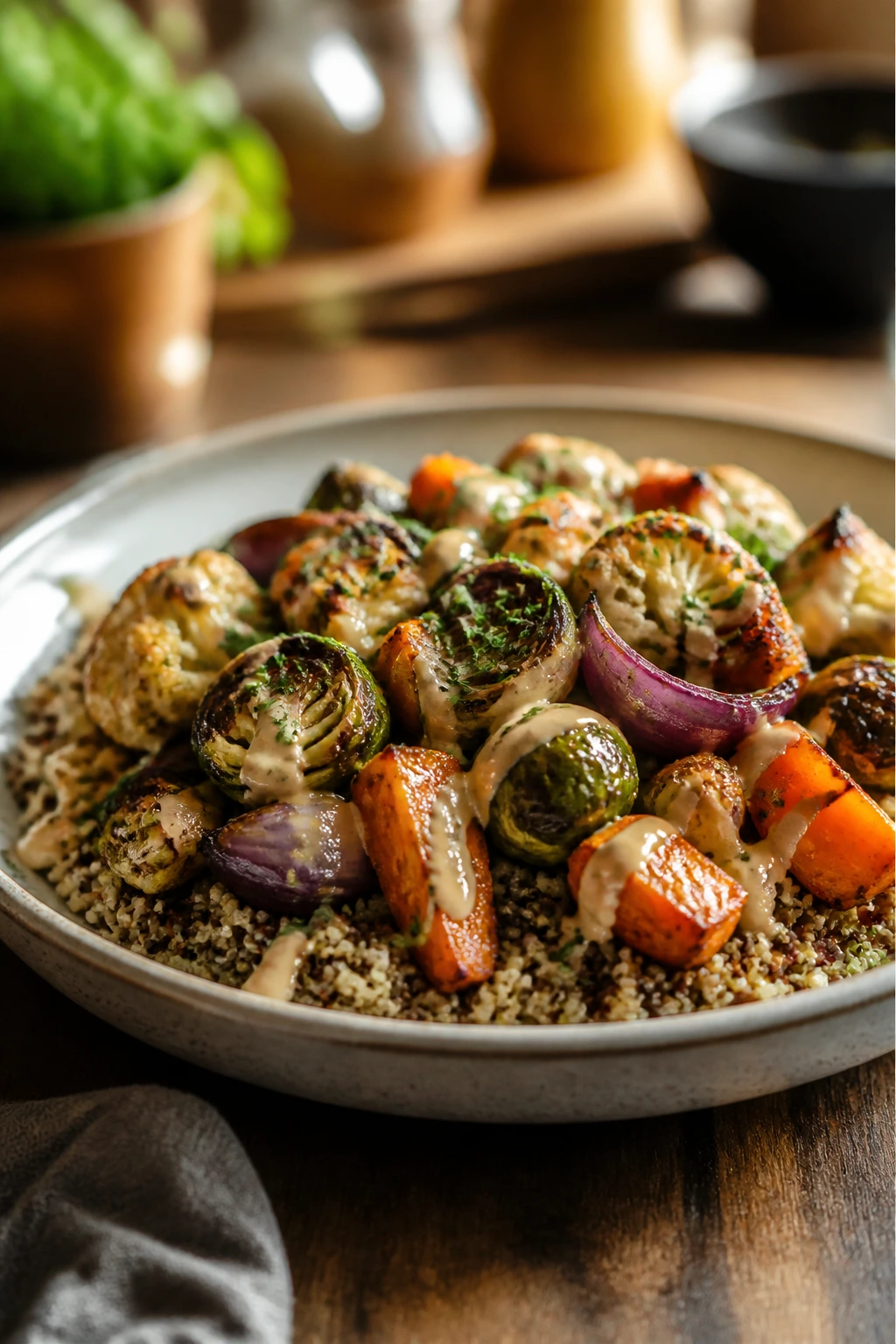 Plate of roasted vegetables served over quinoa with tahini, ready to eat