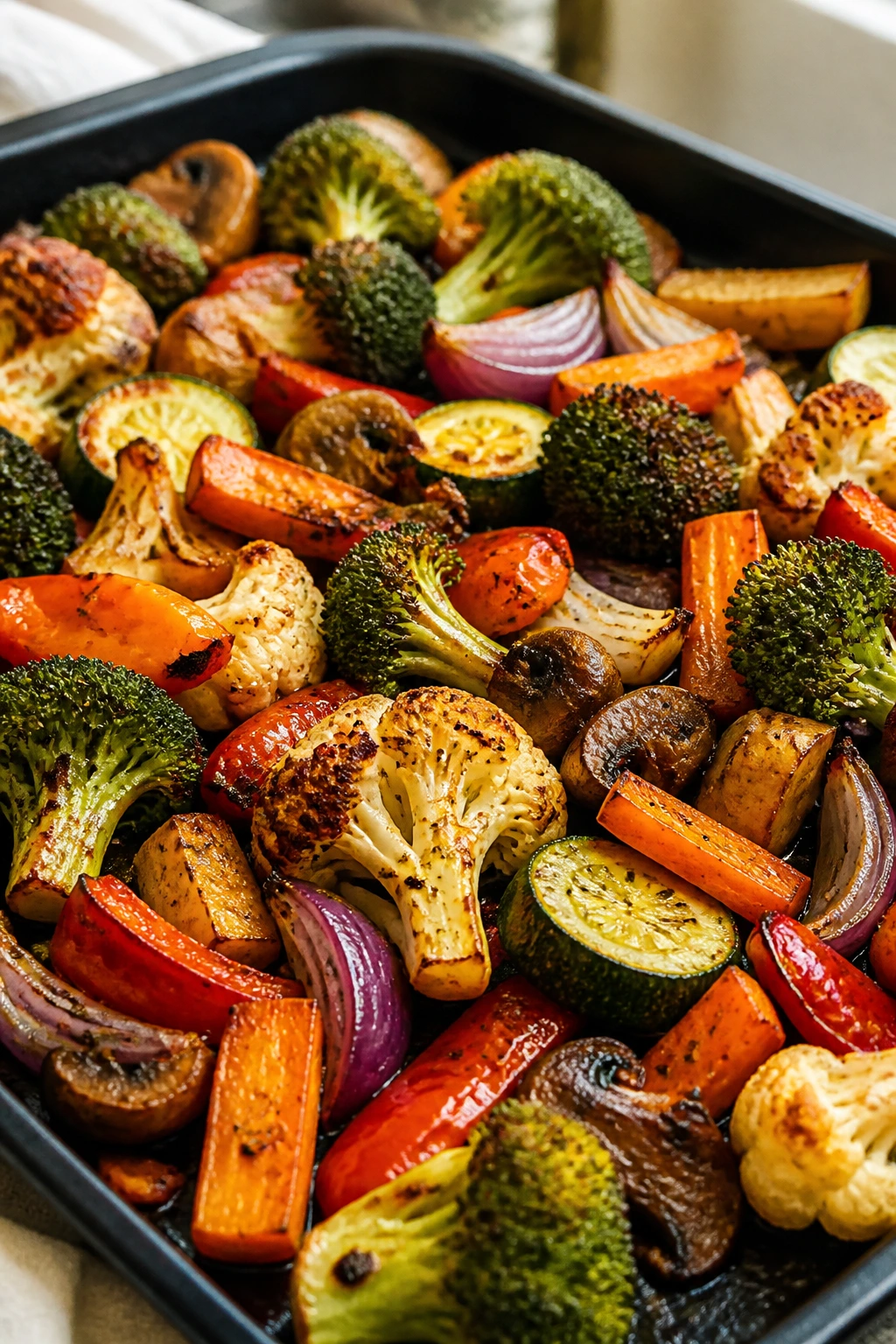 Close-up of colorful roasted vegetables on a baking sheet ready to serve