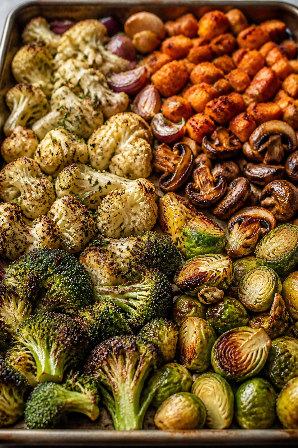 Sheet pan of roasted vegetables showing different seasonings