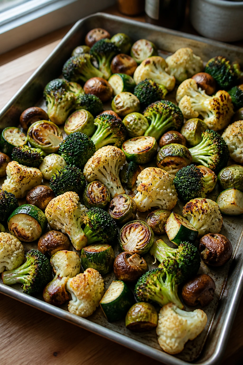 Close-up of a sheet pan with browned broccoli, cauliflower, Brussels sprouts, mushrooms, and zucchini in a kitchen