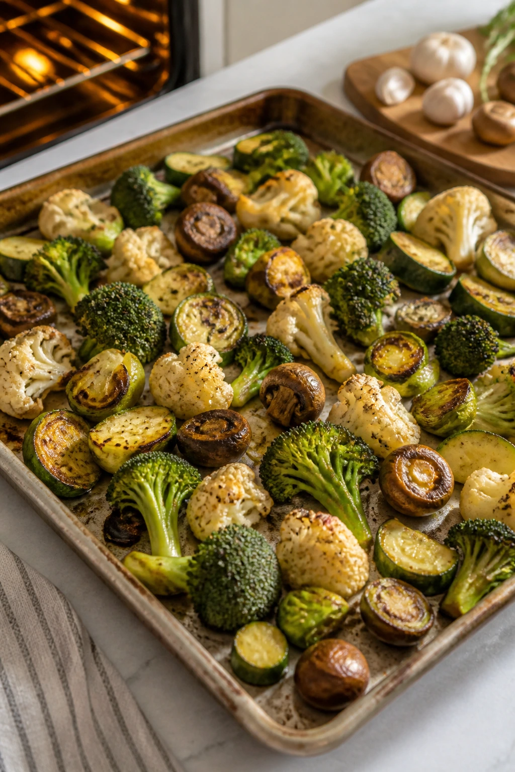 Roasted vegetables on a sheet pan ready to serve