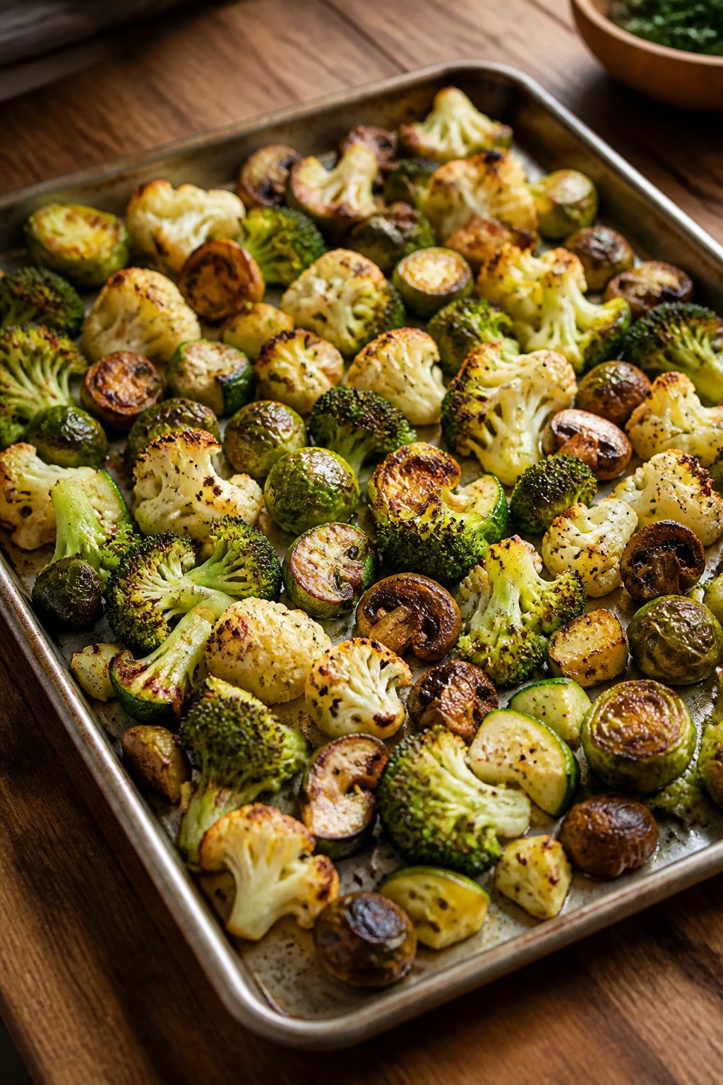 Close-up of a sheet pan with mixed roasted vegetables browning at the edges
