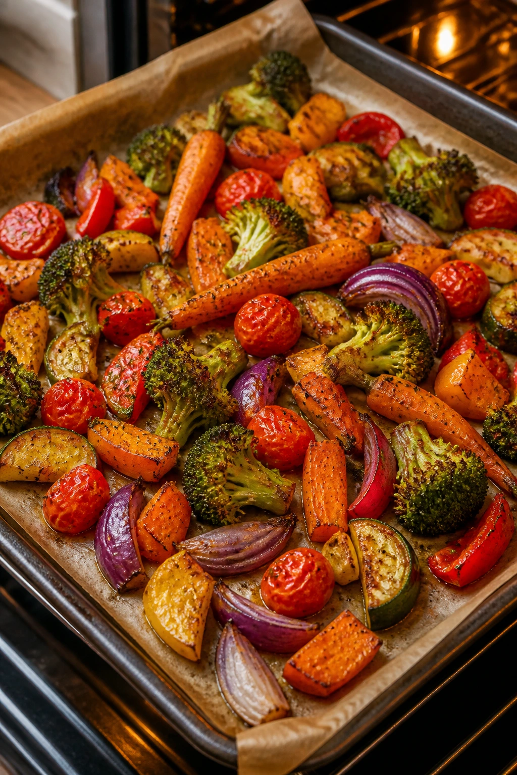 Roasted vegetables on a parchment-lined sheet pan with browning edges