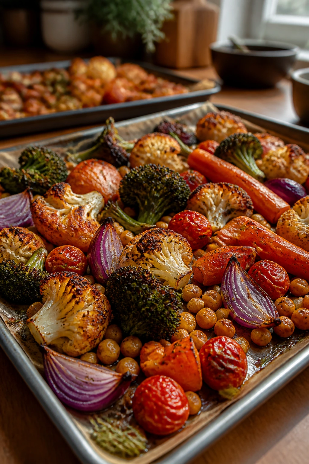 Close-up of browned cauliflower, broccoli, carrots with chickpeas on a sheet pan in a warm kitchen