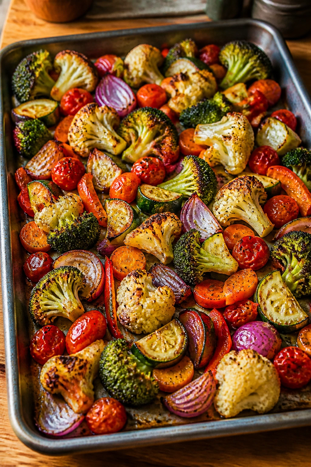 Close-up of a sheet-pan with colorful roasted vegetables filling the frame