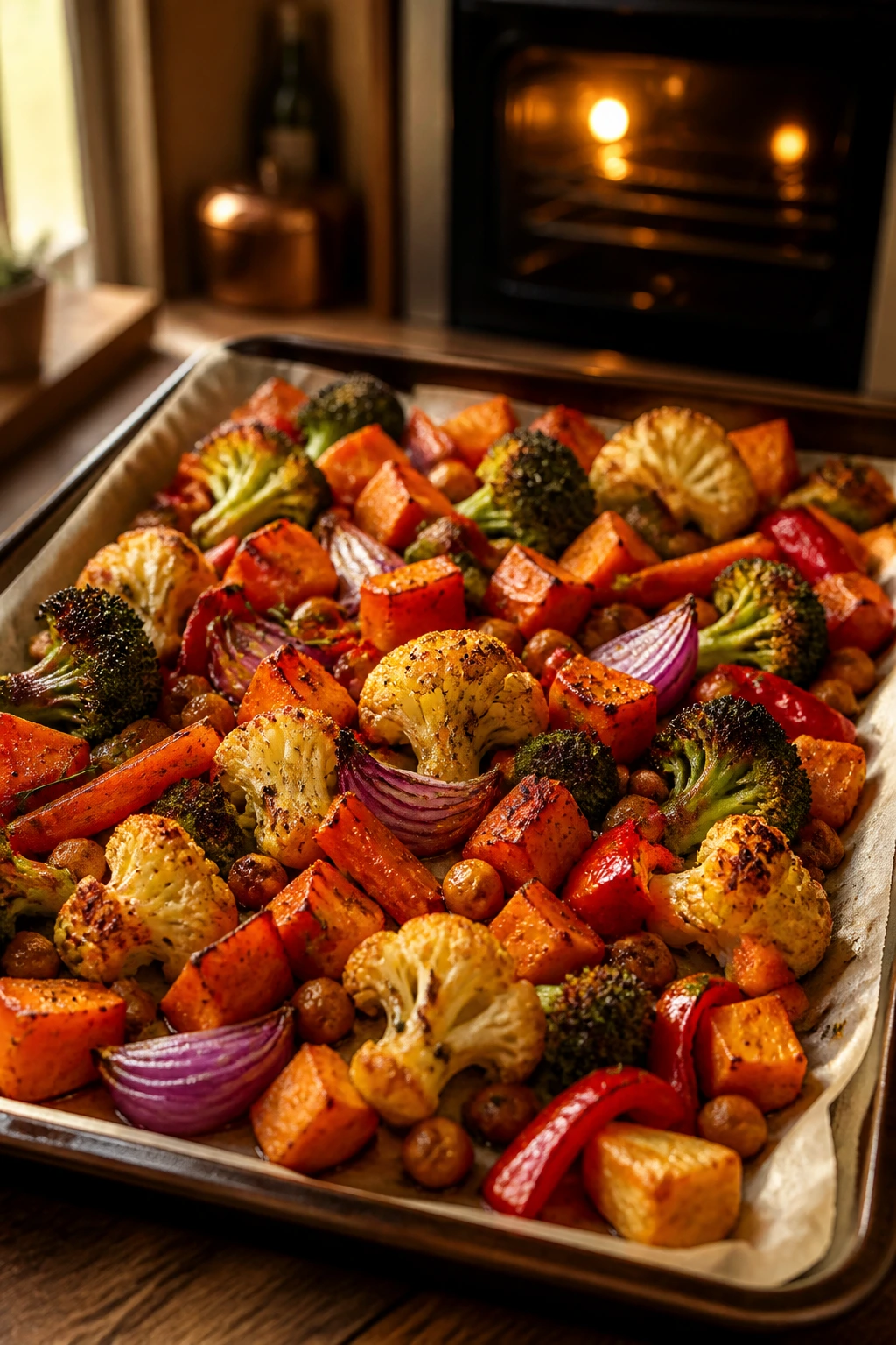 Close-up of a sheet pan with roasted vegetables filling the frame in a warm kitchen