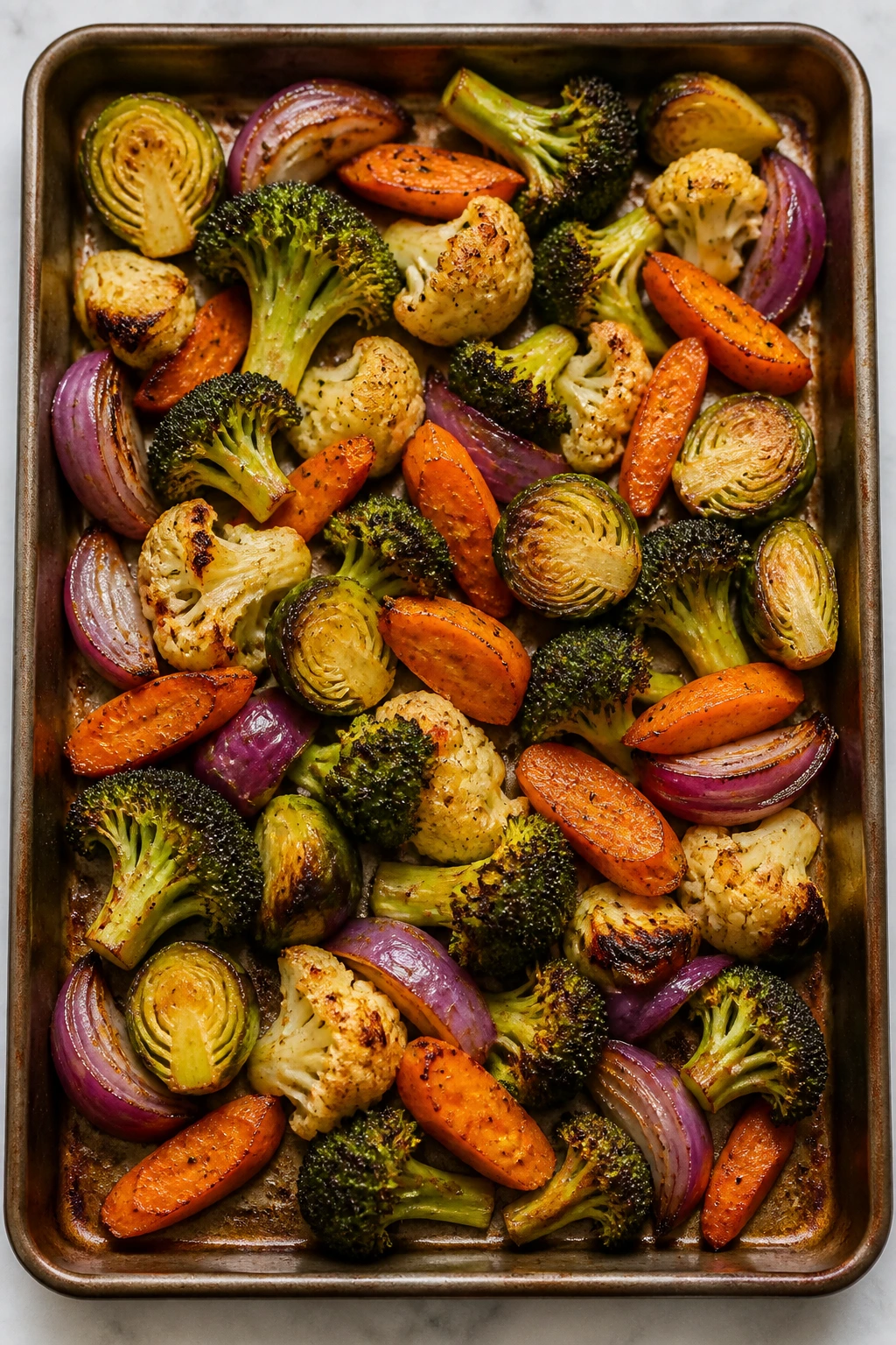 Roasted vegetables on a sheet-pan with browned edges