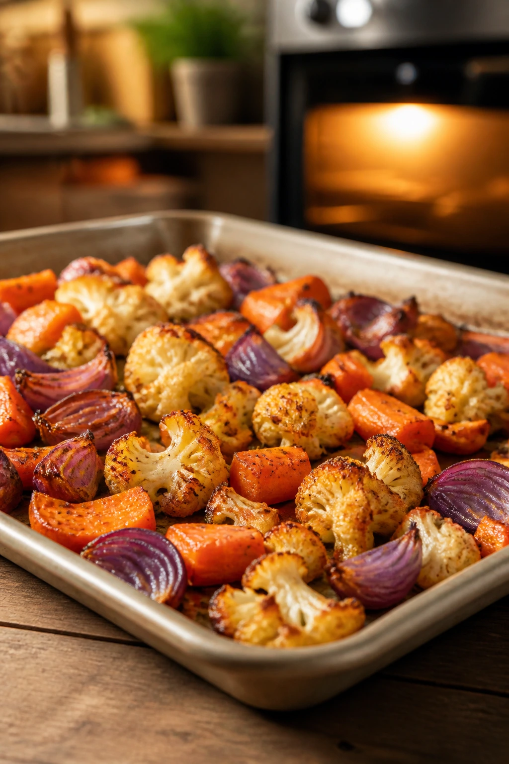 Close-up of a sheet pan with browned carrots, cauliflower, and onions in a warm kitchen