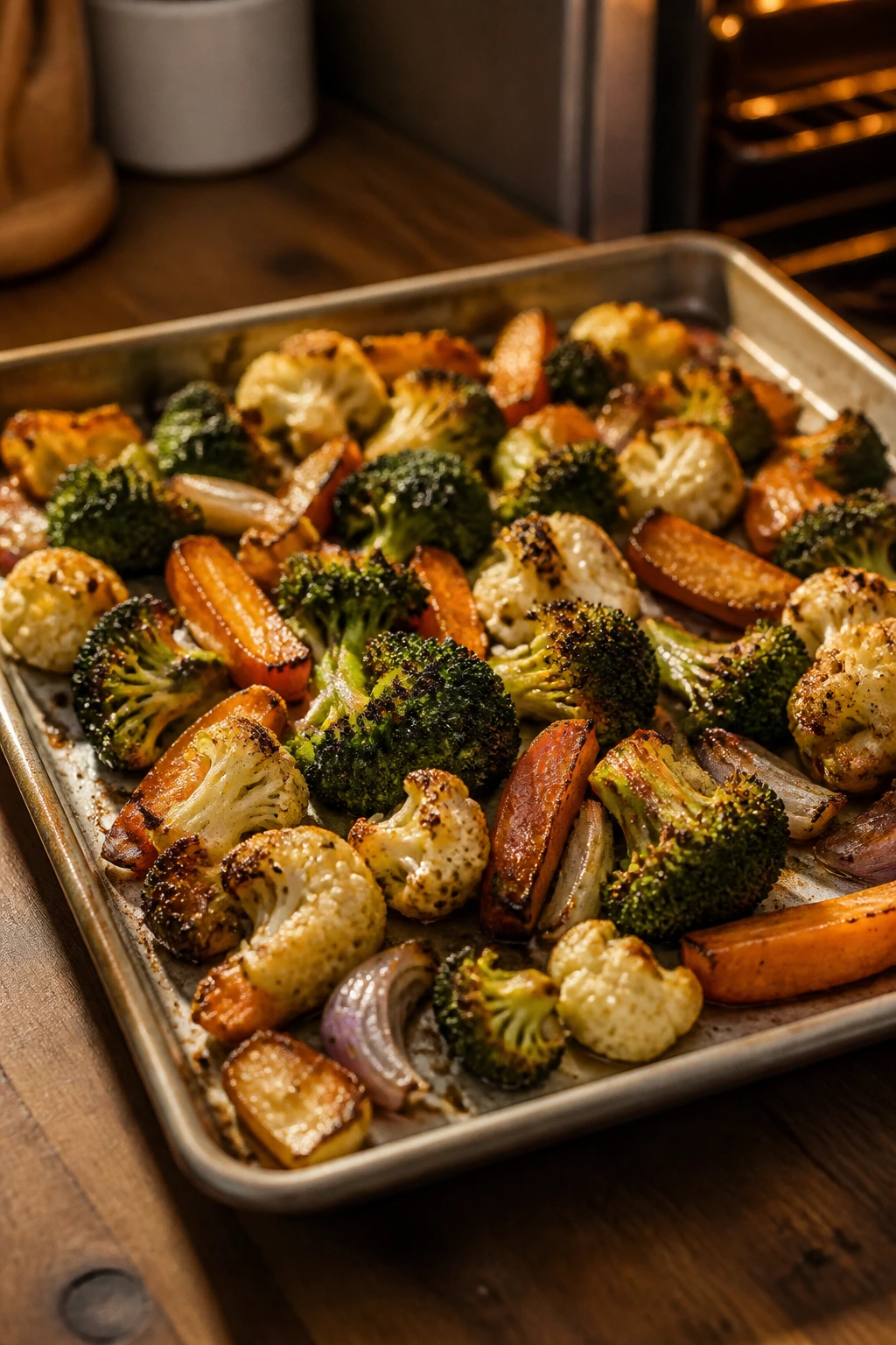 Sheet pan with browned edges on roasted vegetables