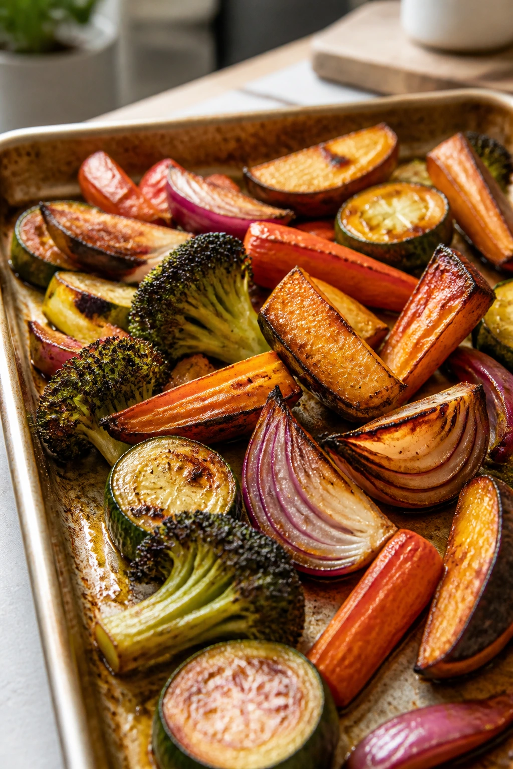 Sheet pan of colorful roasted vegetables with caramelized edges