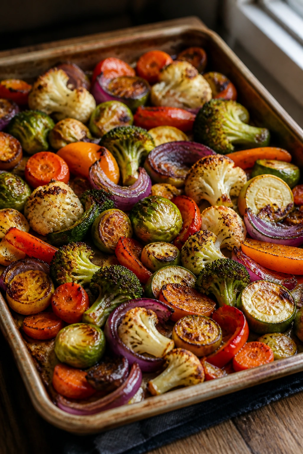 Close-up of roasted mixed vegetables on a sheet pan with browned edges in a warm kitchen