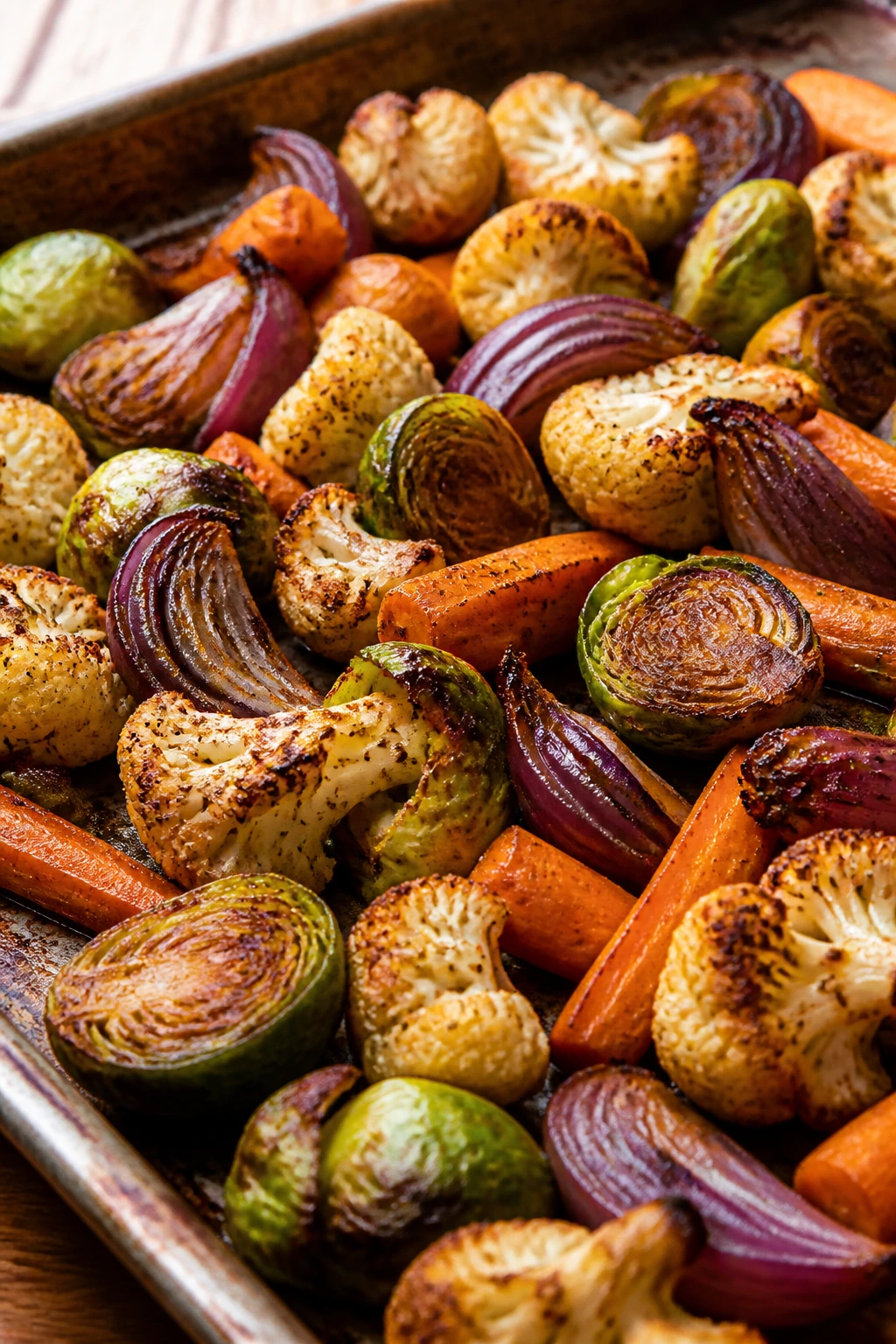 Close-up of caramelized roasted vegetables on a sheet pan with brown edges and varied color