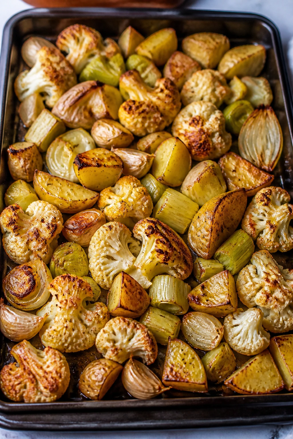 Sheet pan with roasted cauliflower, leeks, onion, and potatoes