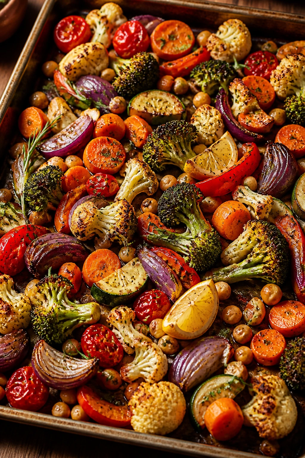 Close-up of a colorful roasted vegetable medley on a sheet-pan in a cozy kitchen