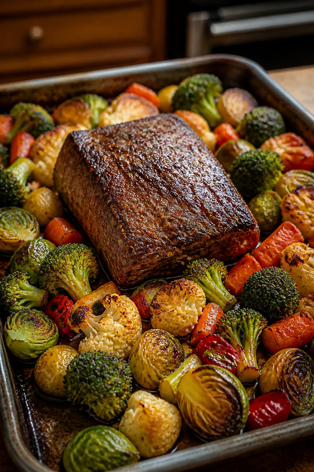 Sheet pan of crisp-edged roasted frozen vegetables in a cozy kitchen