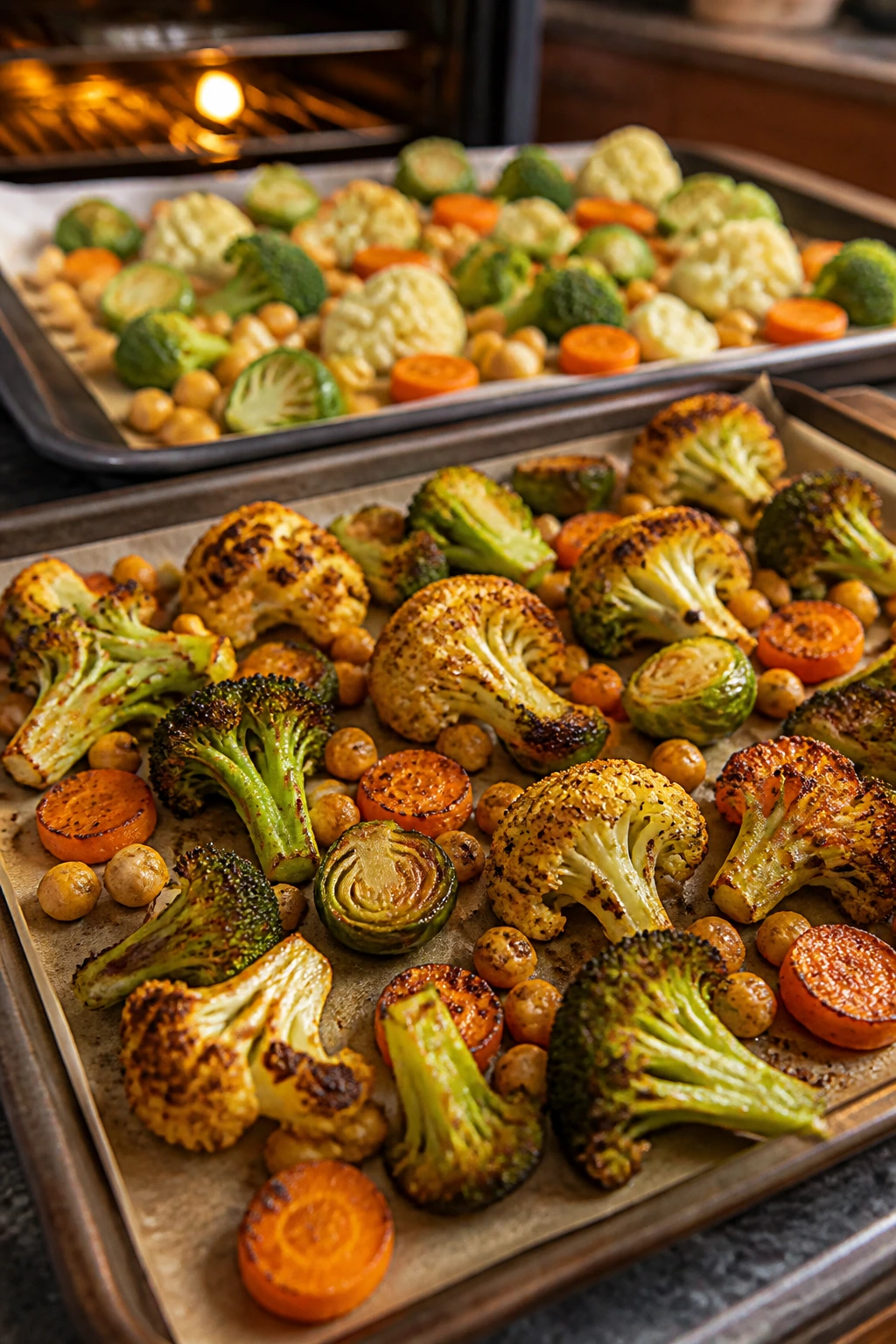 Close-up of bronzed roasted vegetables on parchment-lined sheet pan in a warm kitchen.