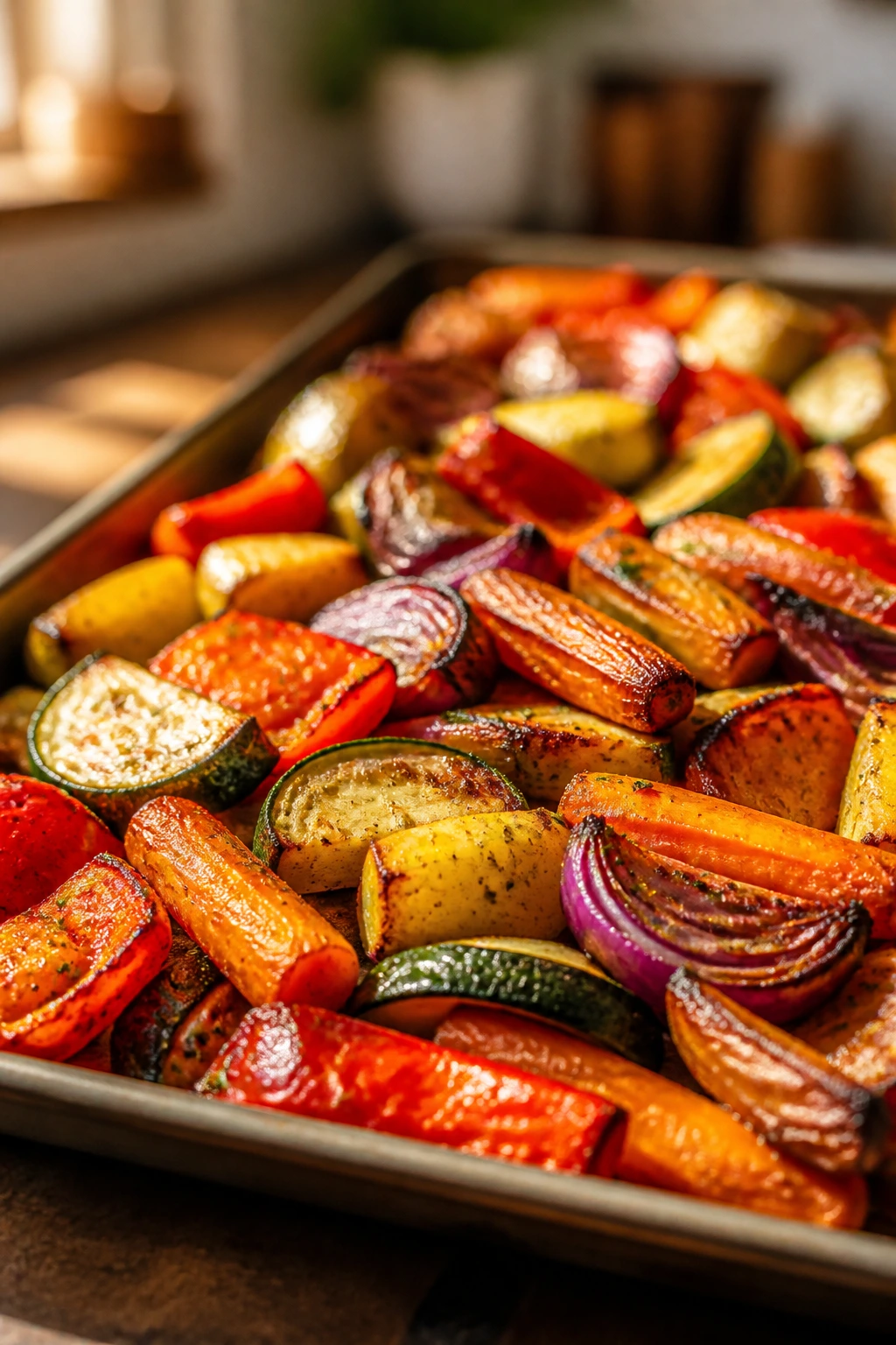 Close-up of roasted vegetables on a sheet pan with browning edges