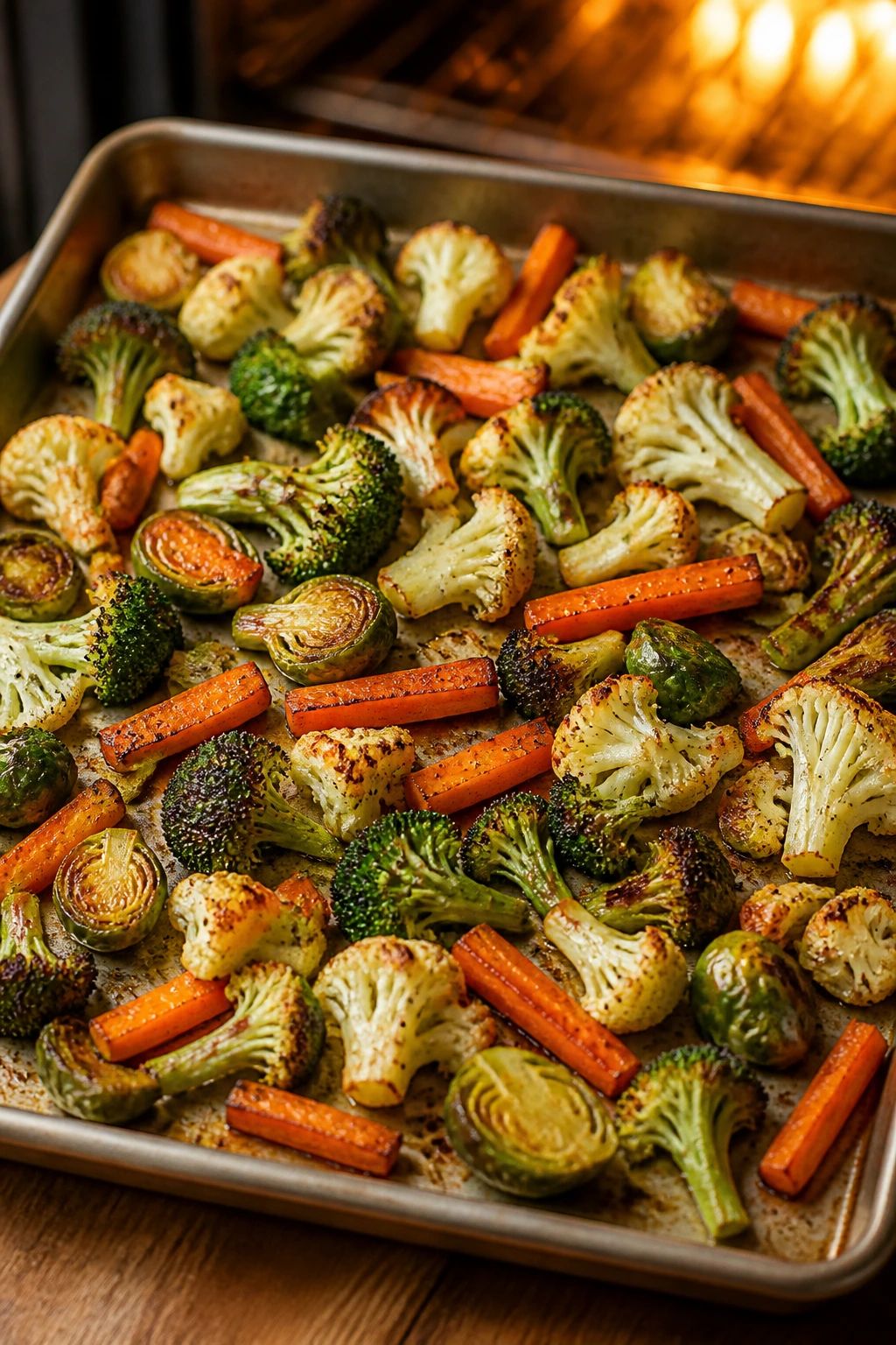 Close-up of roasted mixed vegetables browning on a sheet pan in a warm kitchen