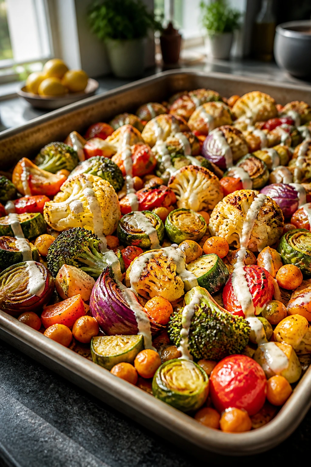 Sheet-pan of roasted vegetables with lemon-tahini drizzle