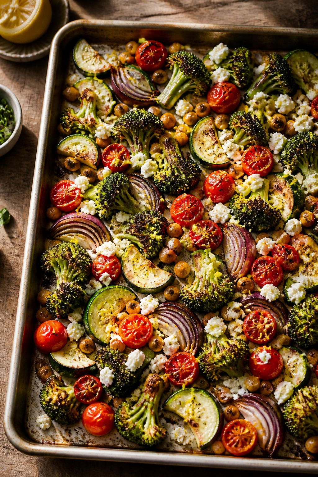 Top-down sheet pan with roasted vegetables (broccoli, zucchini, onion, tomatoes) with feta and chickpeas