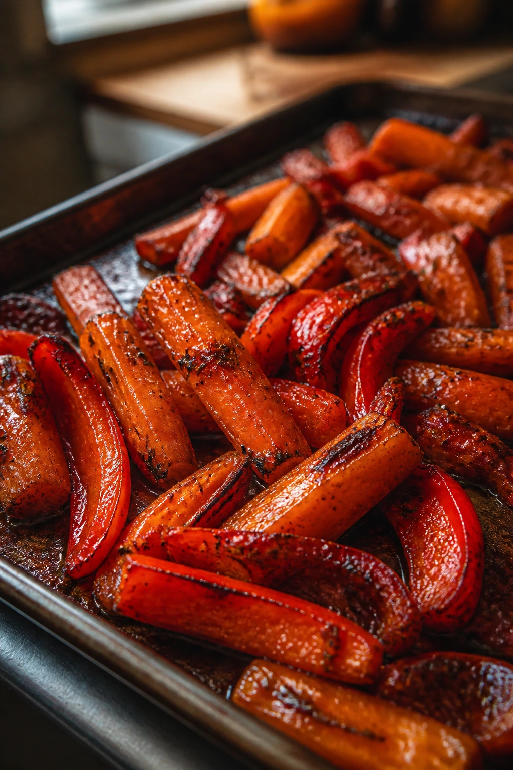 Close-up of roasted carrots and red peppers with deep browning.