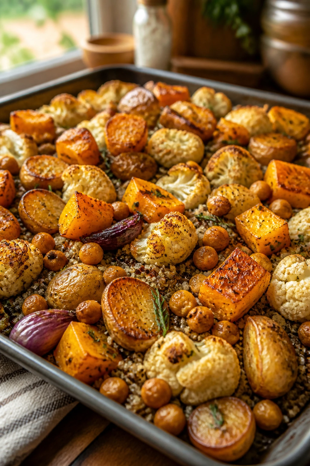 Close-up of roasted vegetables on a sheet pan dominating the frame in a cozy kitchen