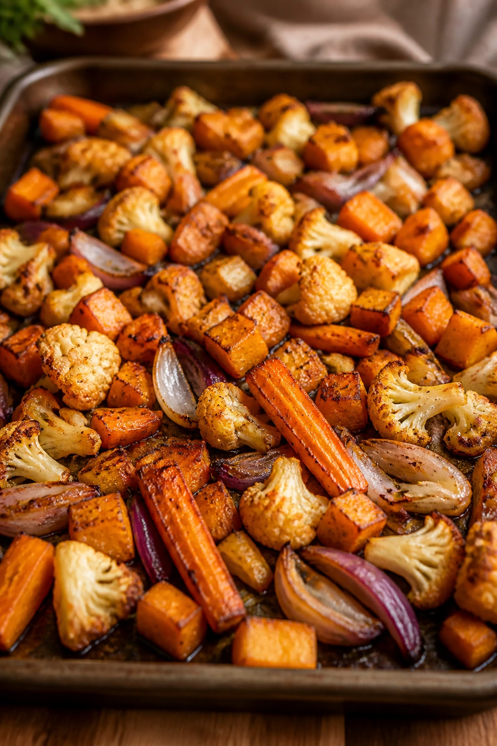 Close-up of a sheet pan with roasted vegetables filling the frame in a warm kitchen
