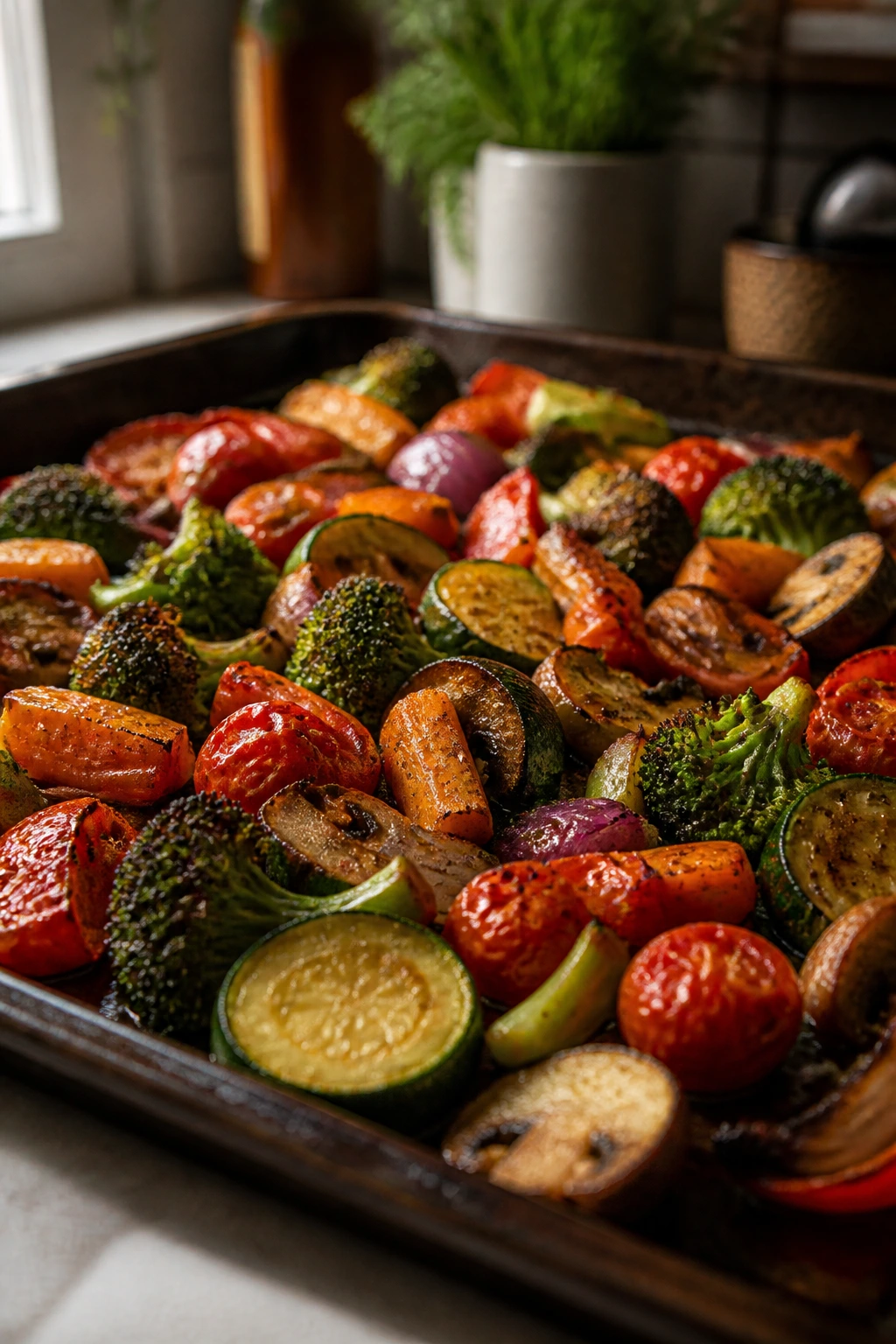 Roasted vegetable medley on sheet pan with browning edges